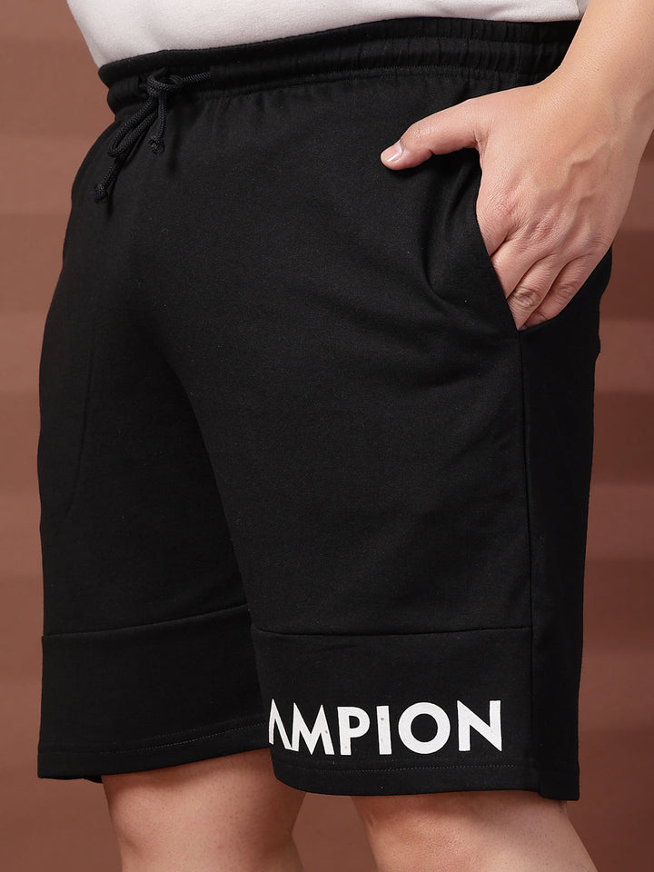 Plus Size Men Black Typography Printed Mid-Rise Regular Shorts