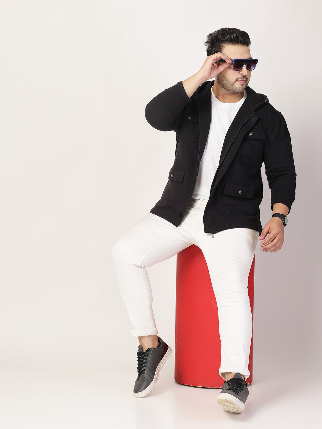 Plus Size Men Geometric Striped Fleece Longline Tailored Jacket