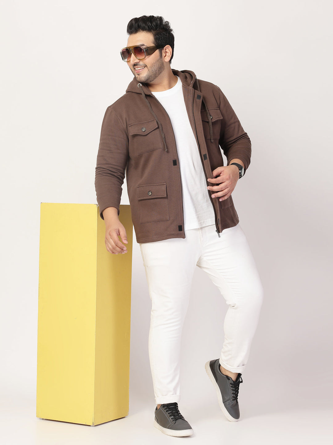 Plus Size Men Geometric Striped Fleece Longline Tailored Jacket