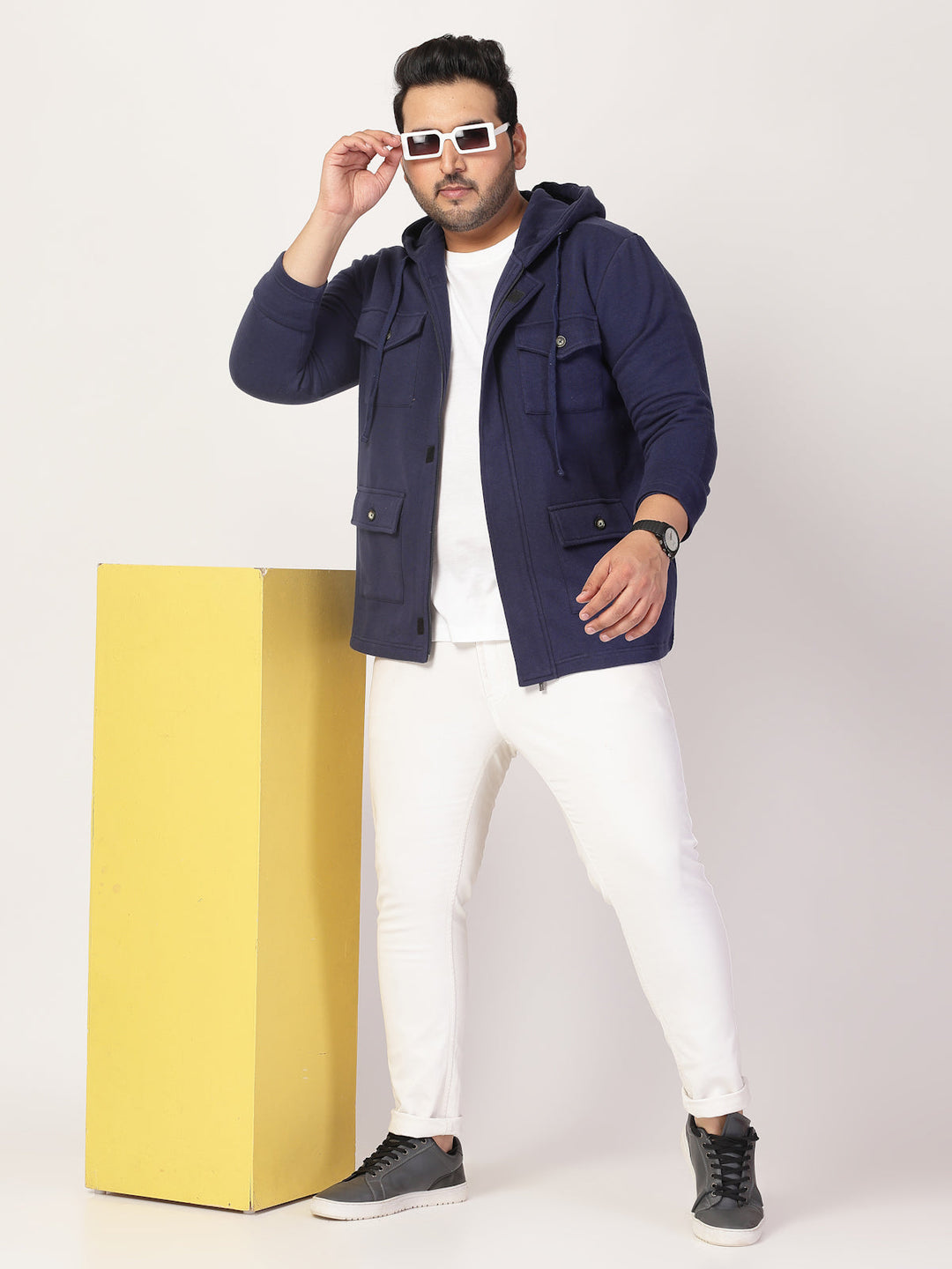 Plus Size Men Geometric Striped Fleece Longline Tailored Jacket