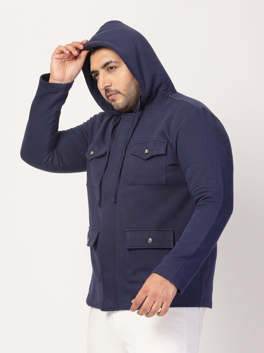 Plus Size Men Geometric Striped Fleece Longline Tailored Jacket