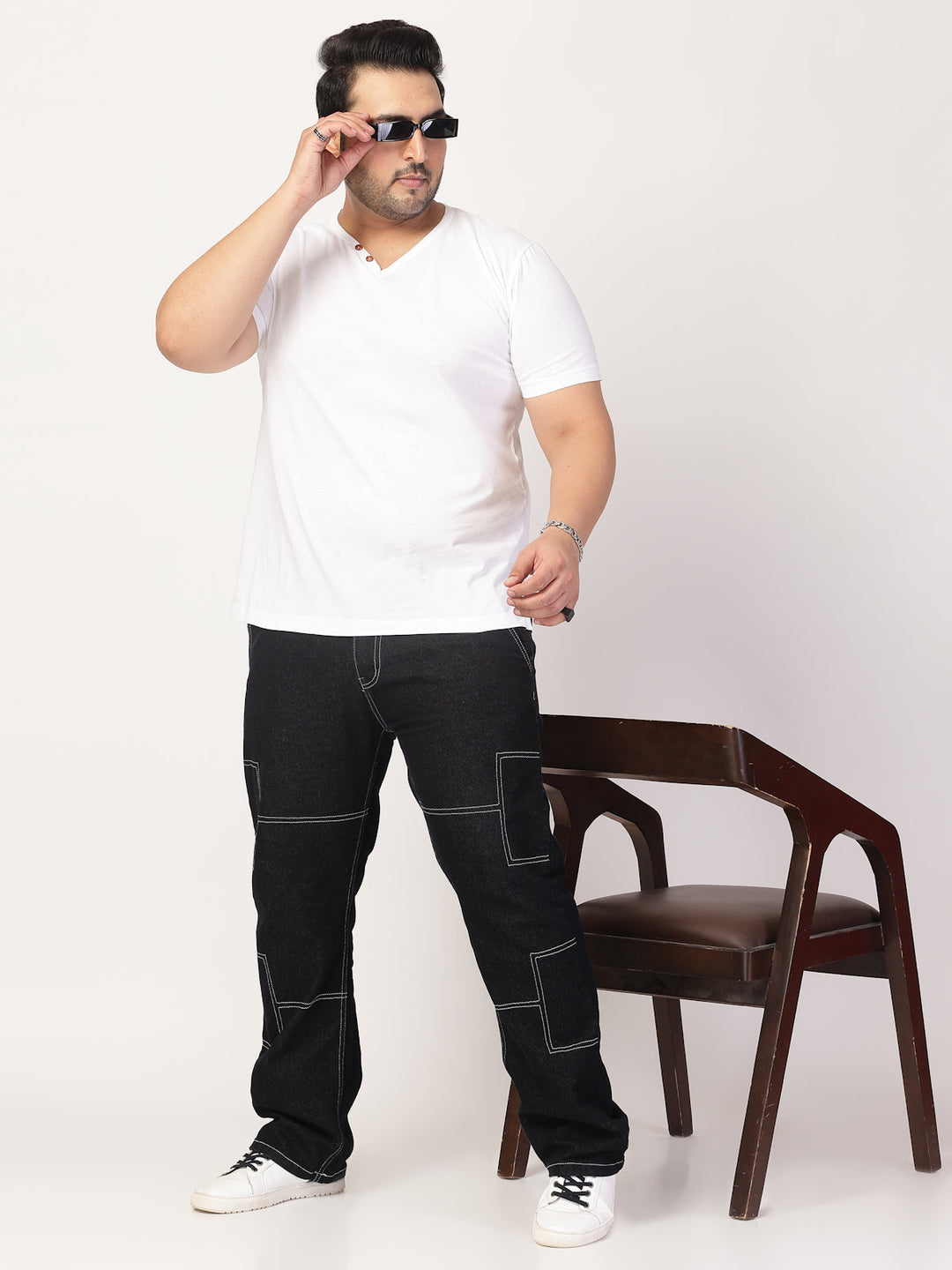Plus Size Men Solid V-Neck Cotton  T-shirt