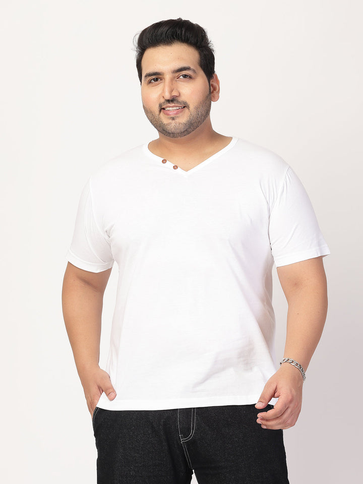 Plus Size Men Solid V-Neck Cotton  T-shirt