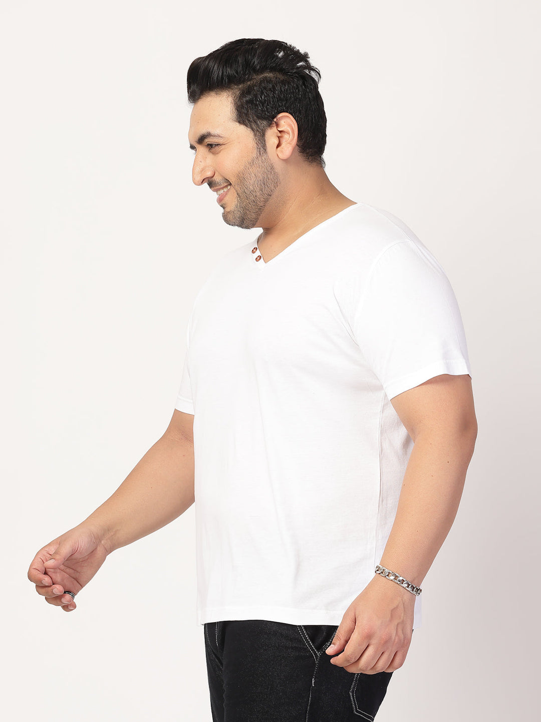 Plus Size Men Solid V-Neck Cotton  T-shirt