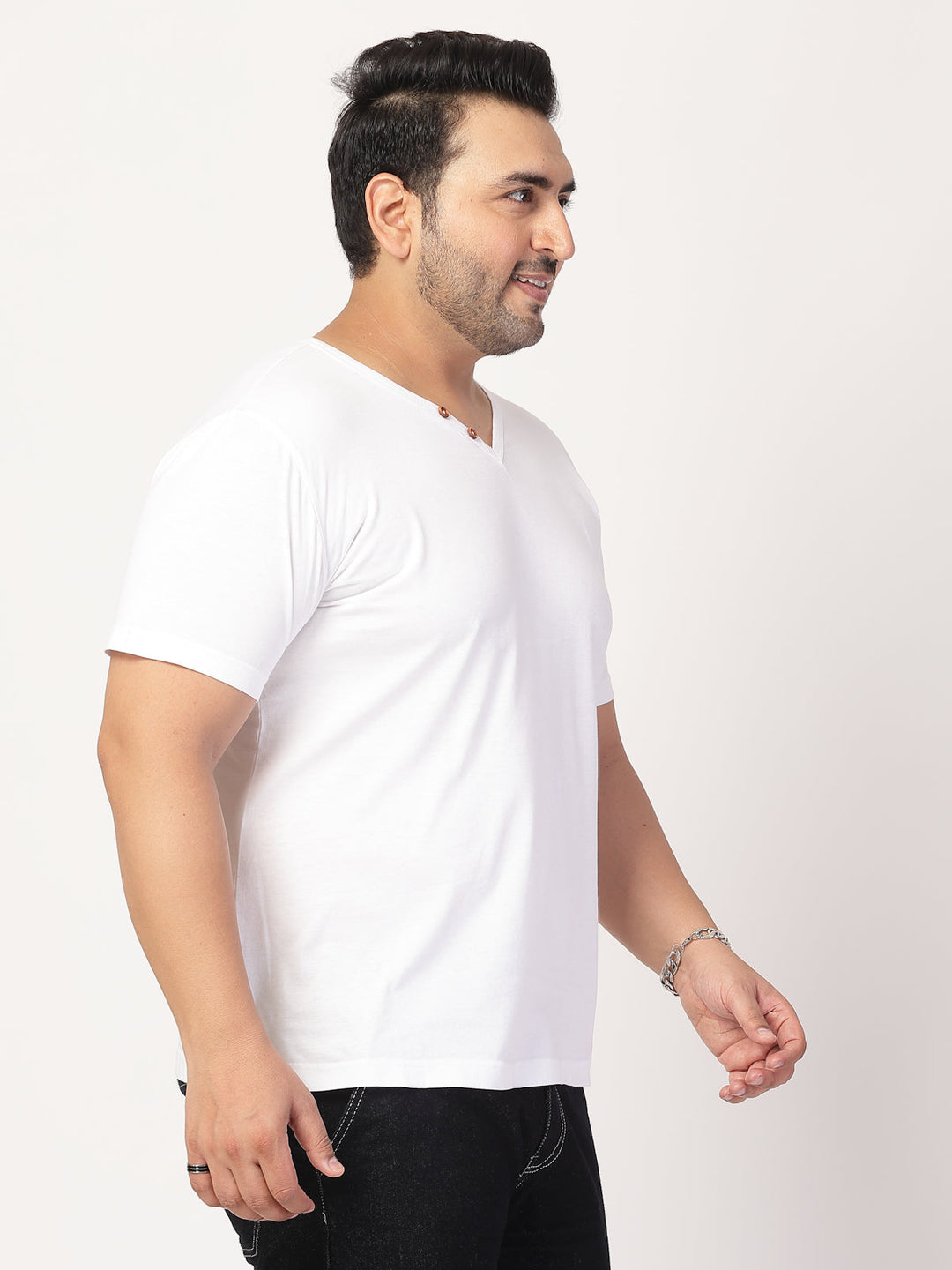 Plus Size Men Solid V-Neck Cotton  T-shirt