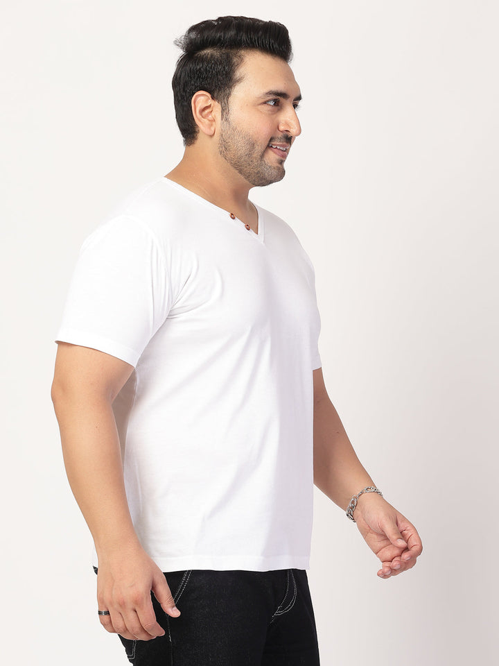 Plus Size Men Solid V-Neck Cotton  T-shirt