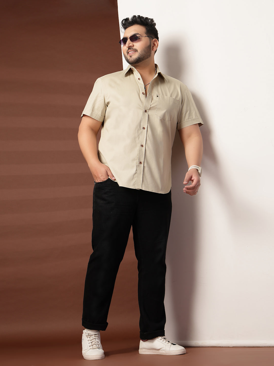 Plus Size Men  Oversized Fit Spread Collar Solid Cotton Casual Shirt