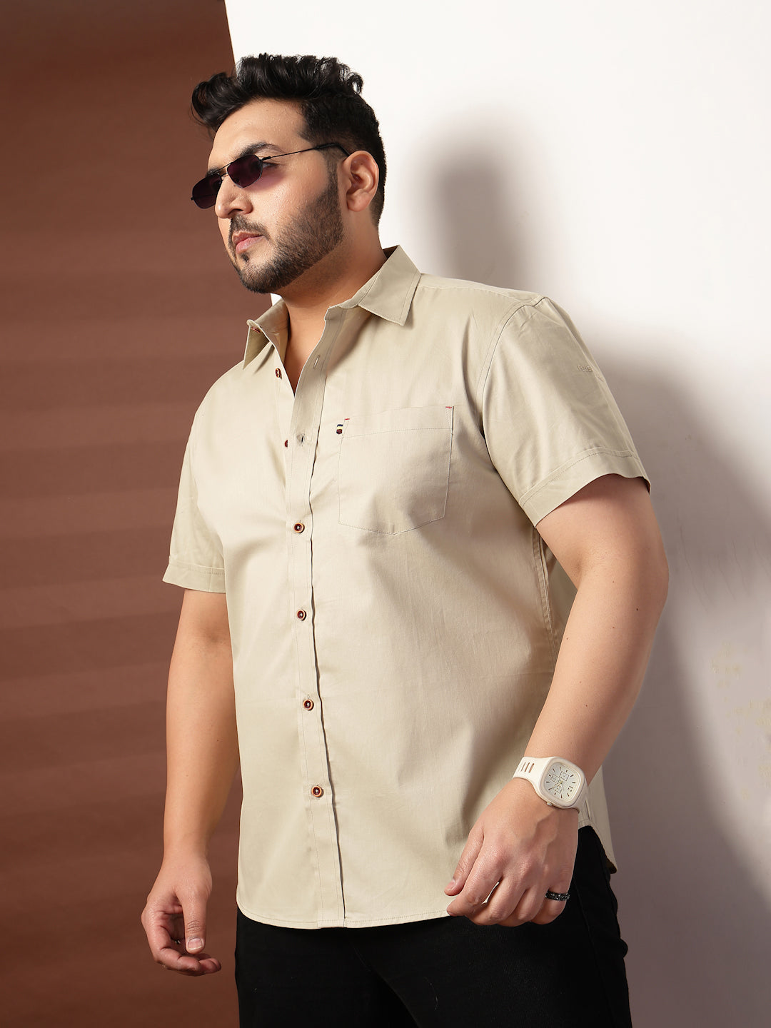 Plus Size Men  Oversized Fit Spread Collar Solid Cotton Casual Shirt