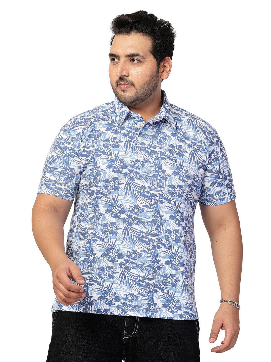 Plus Size Men Floral Printed Polo Collar Cotton  T-shirt