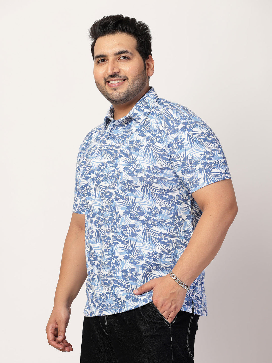 Plus Size Men Floral Printed Polo Collar Cotton  T-shirt