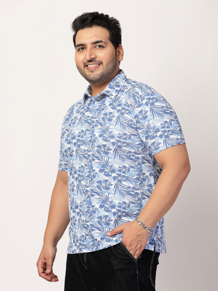 Plus Size Men Floral Printed Polo Collar Cotton  T-shirt