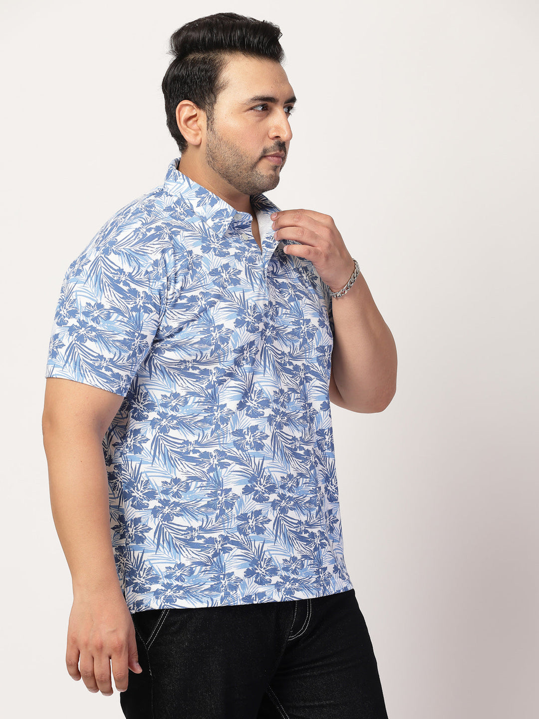 Plus Size Men Floral Printed Polo Collar Cotton  T-shirt