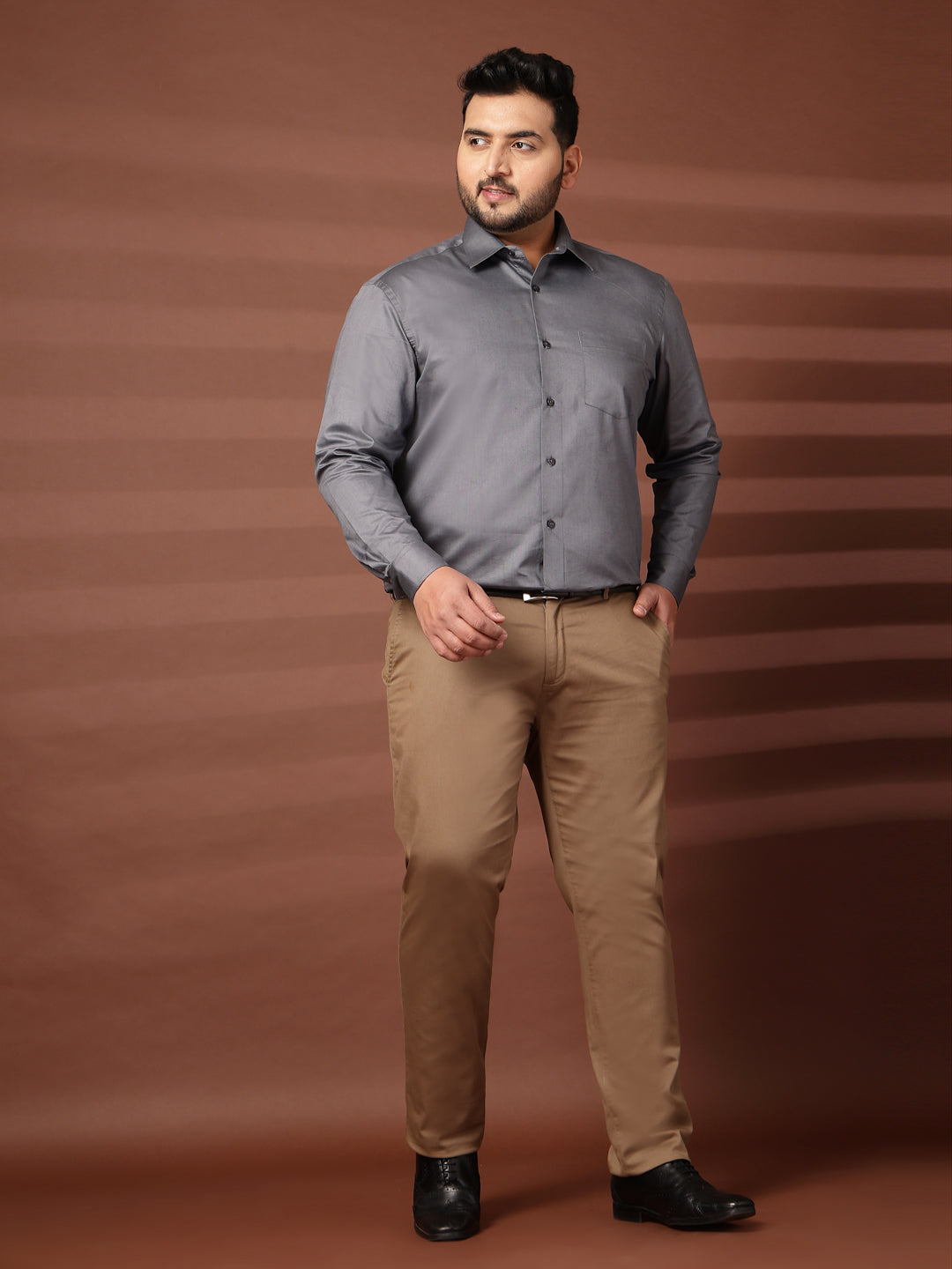 Plus Size Men Spread Collar Solid Cotton Formal Shirt