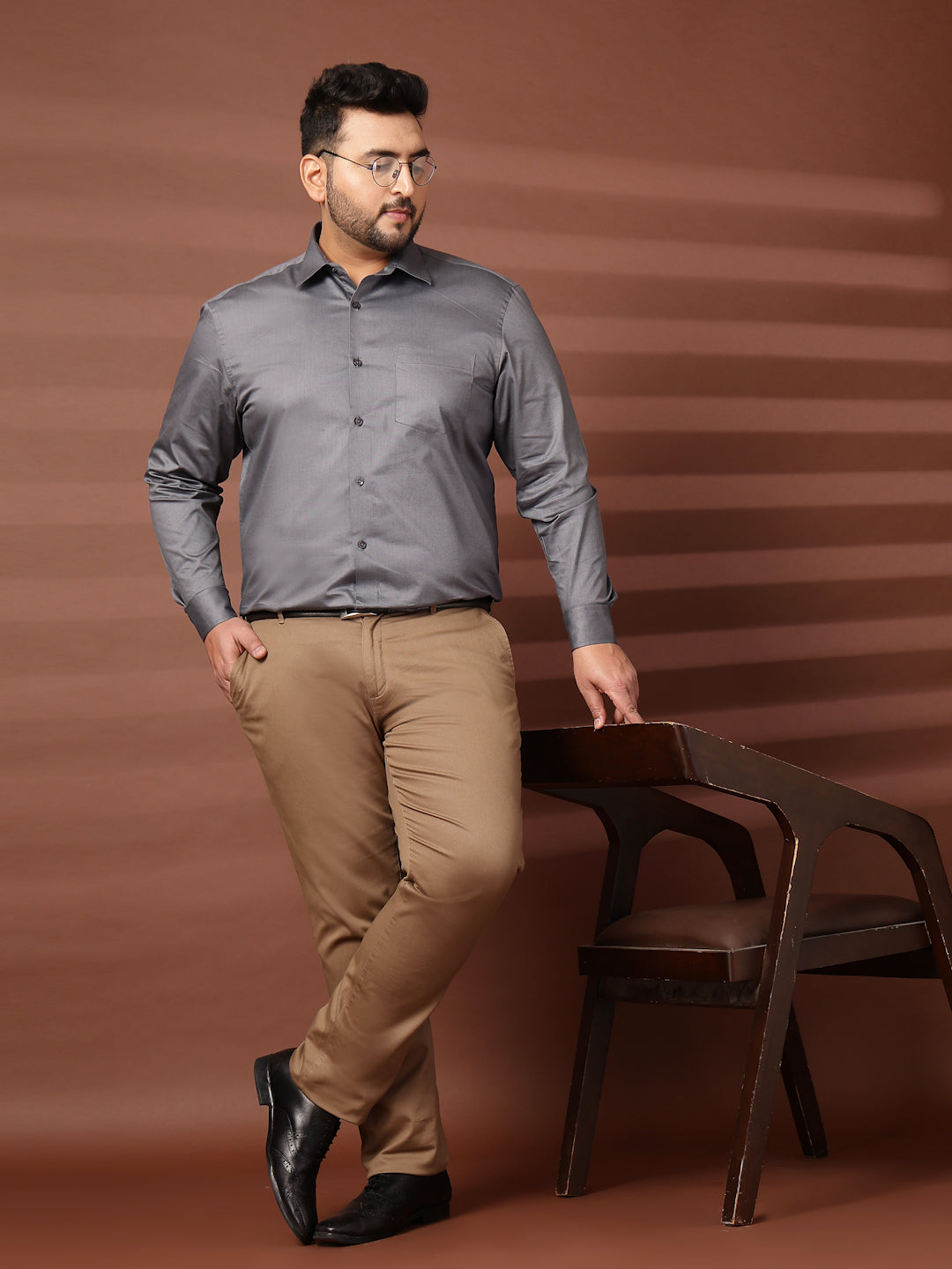 Plus Size Men Spread Collar Solid Cotton Formal Shirt