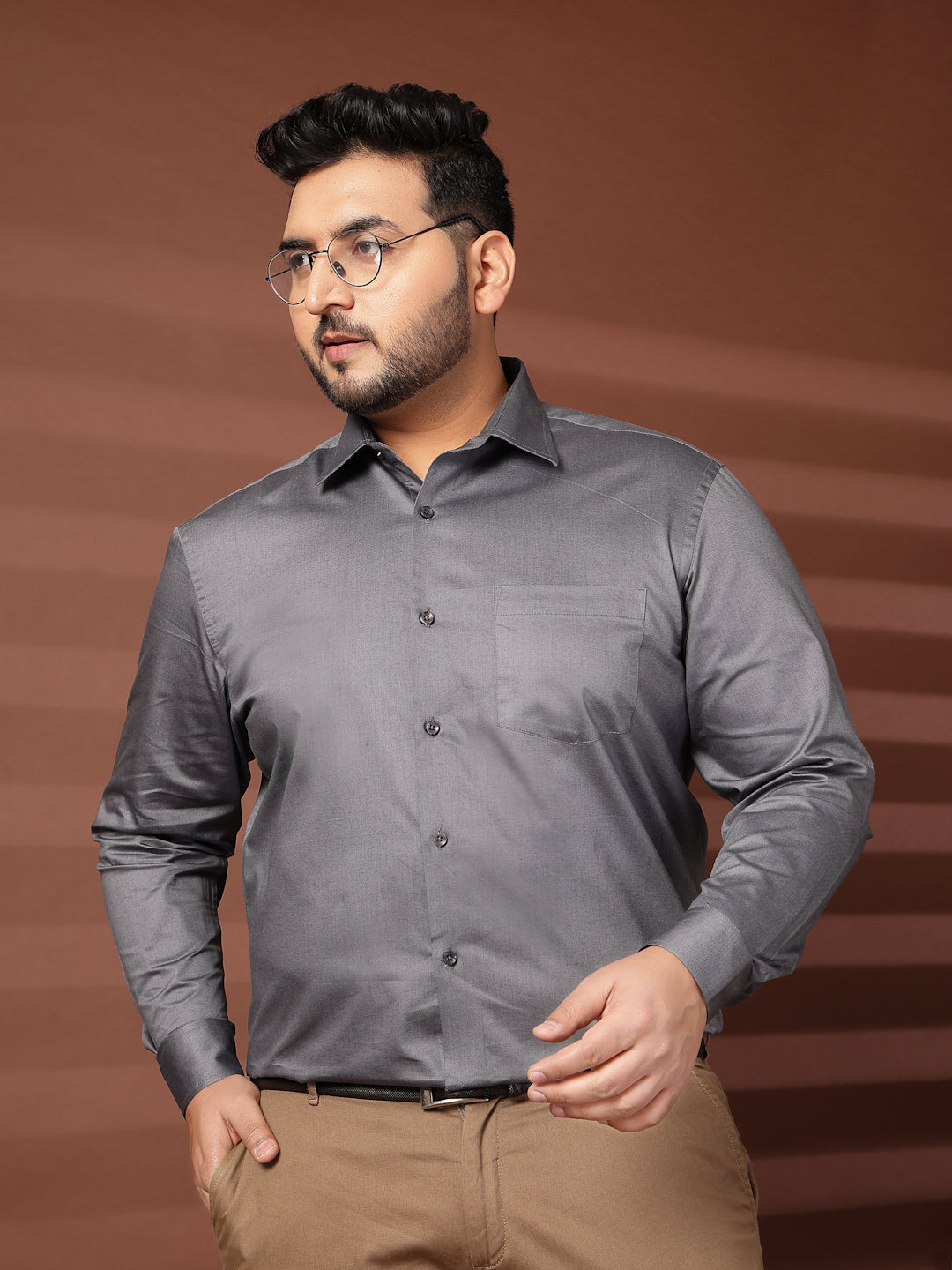 Plus Size Men Spread Collar Solid Cotton Formal Shirt