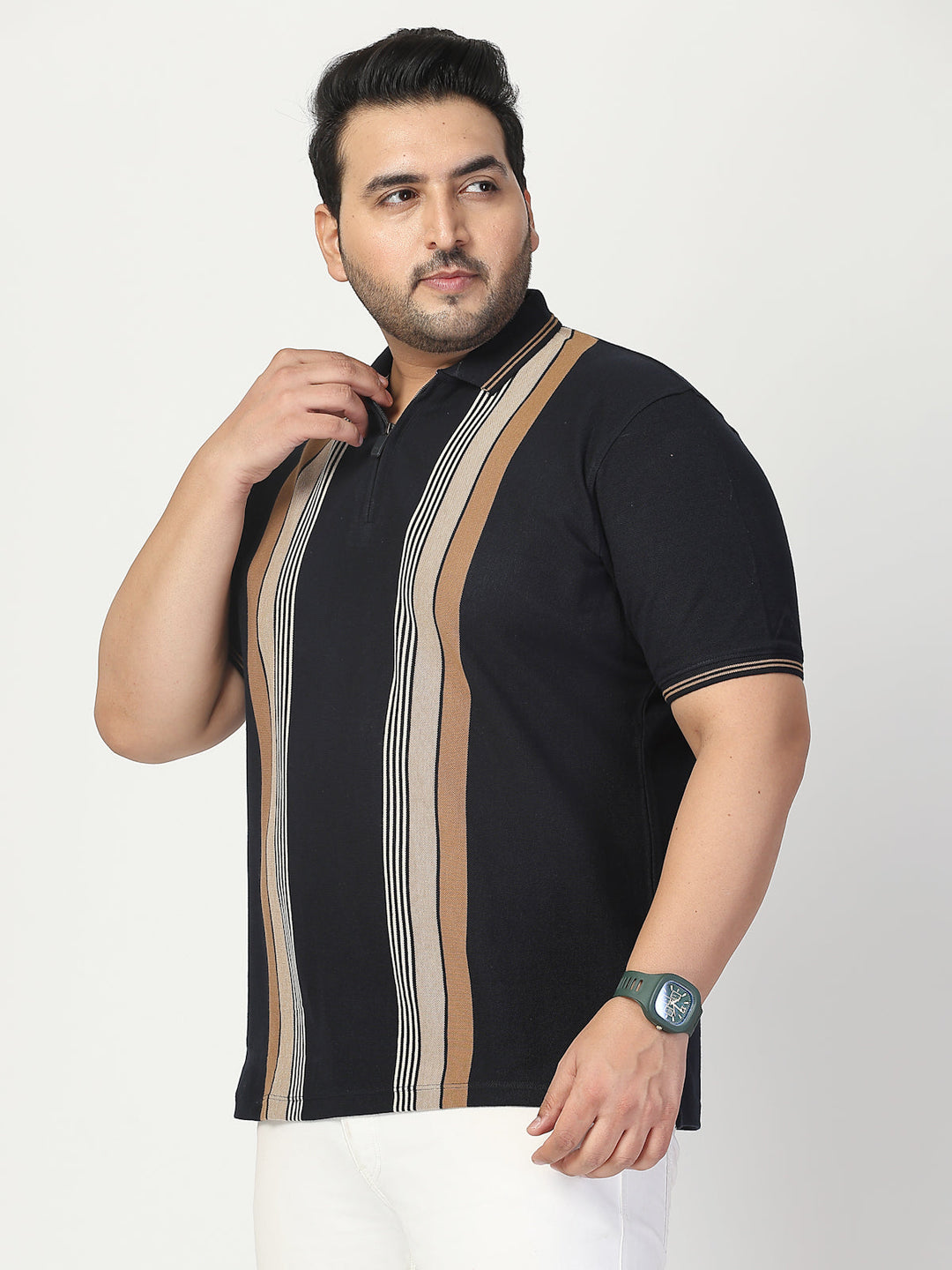 Plus Size Men Striped Polo Collar Cotton T-shirt