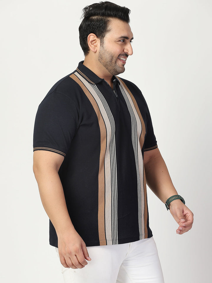 Plus Size Men Striped Polo Collar Cotton T-shirt
