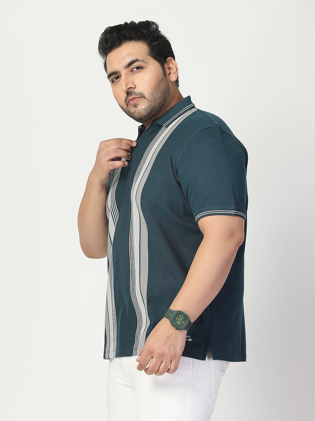 Plus Size Men Striped Polo Collar Cotton T-shirt