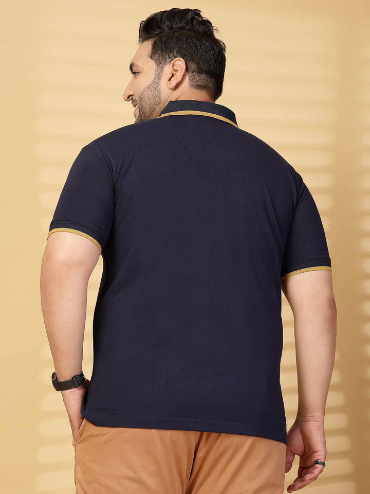 Plus Size Men  Navy Blue & Yellow Polo Collar Cotton T-shirt