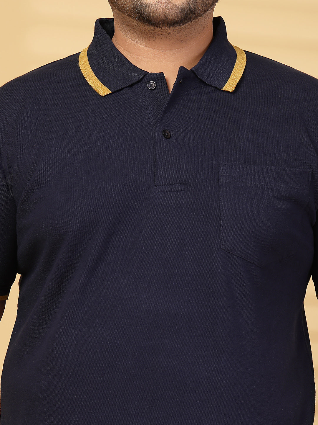 Plus Size Men  Navy Blue & Yellow Polo Collar Cotton T-shirt