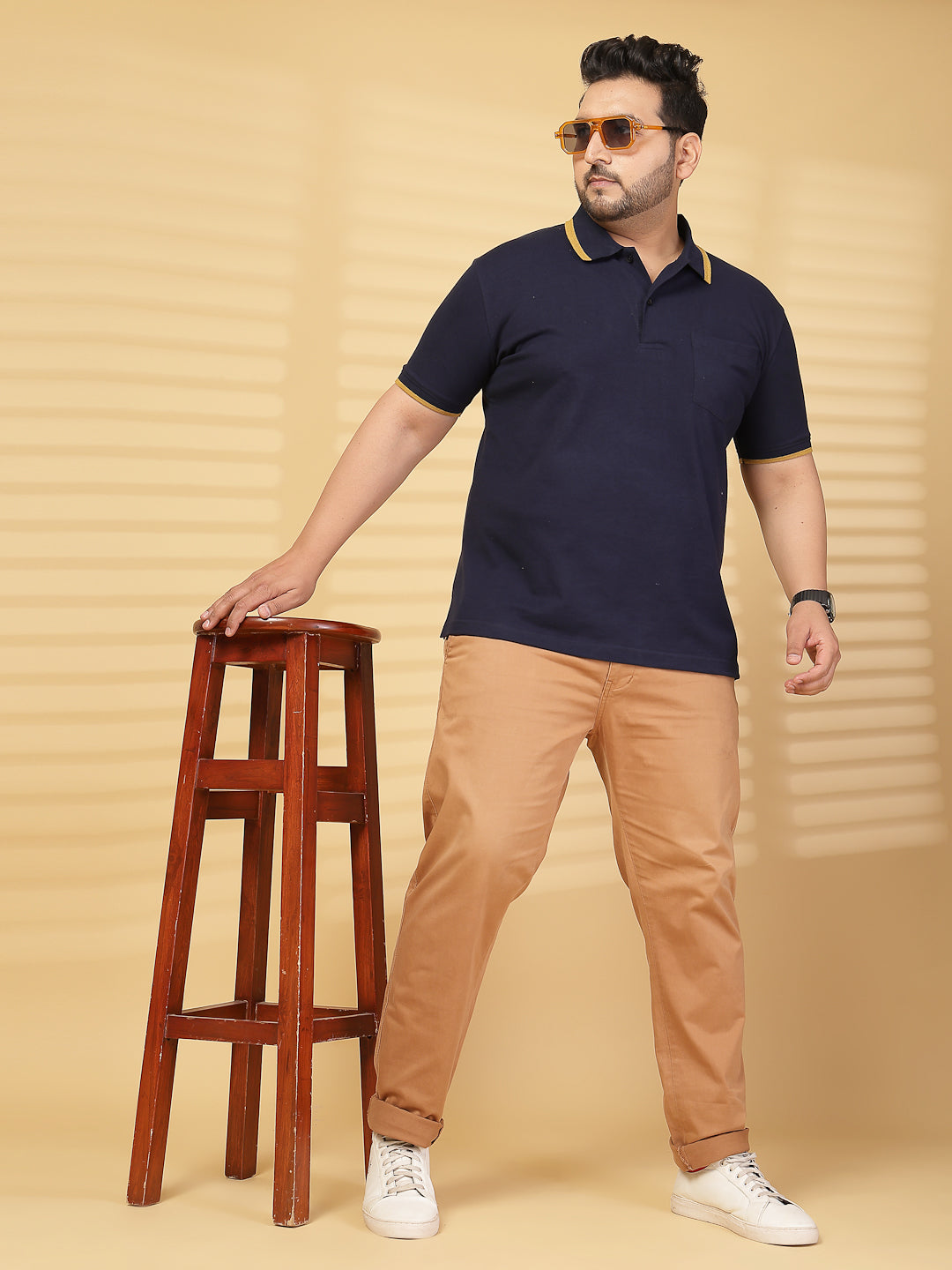 Plus Size Men  Navy Blue & Yellow Polo Collar Cotton T-shirt