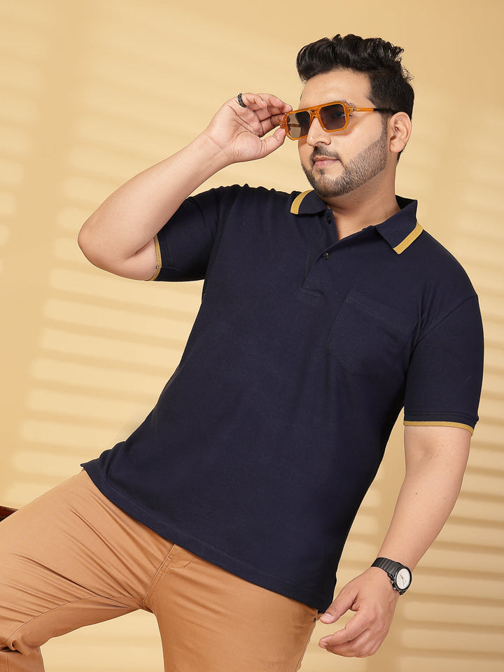 Plus Size Men  Navy Blue & Yellow Polo Collar Cotton T-shirt
