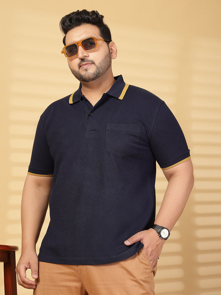 Plus Size Men  Navy Blue & Yellow Polo Collar Cotton T-shirt