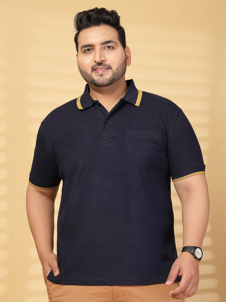 Plus Size Men  Navy Blue & Yellow Polo Collar Cotton T-shirt