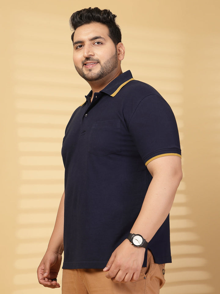 Plus Size Men  Navy Blue & Yellow Polo Collar Cotton T-shirt