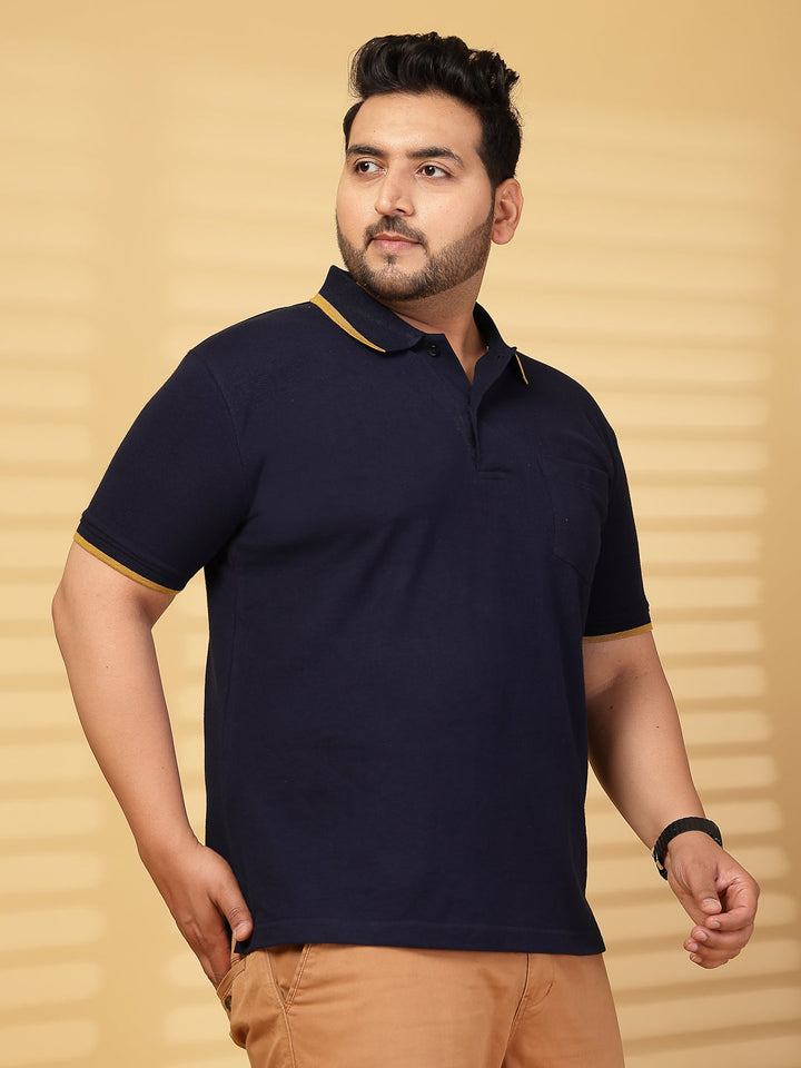Plus Size Men  Navy Blue & Yellow Polo Collar Cotton T-shirt