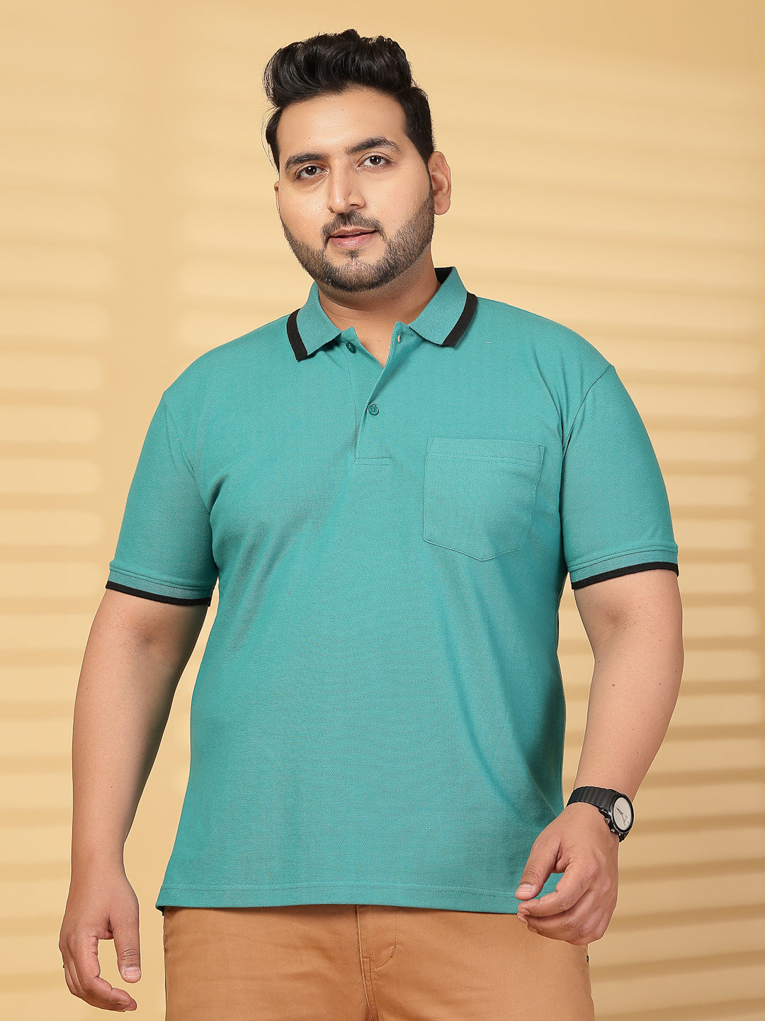 Plus Size Men Green Cotton T-shirt