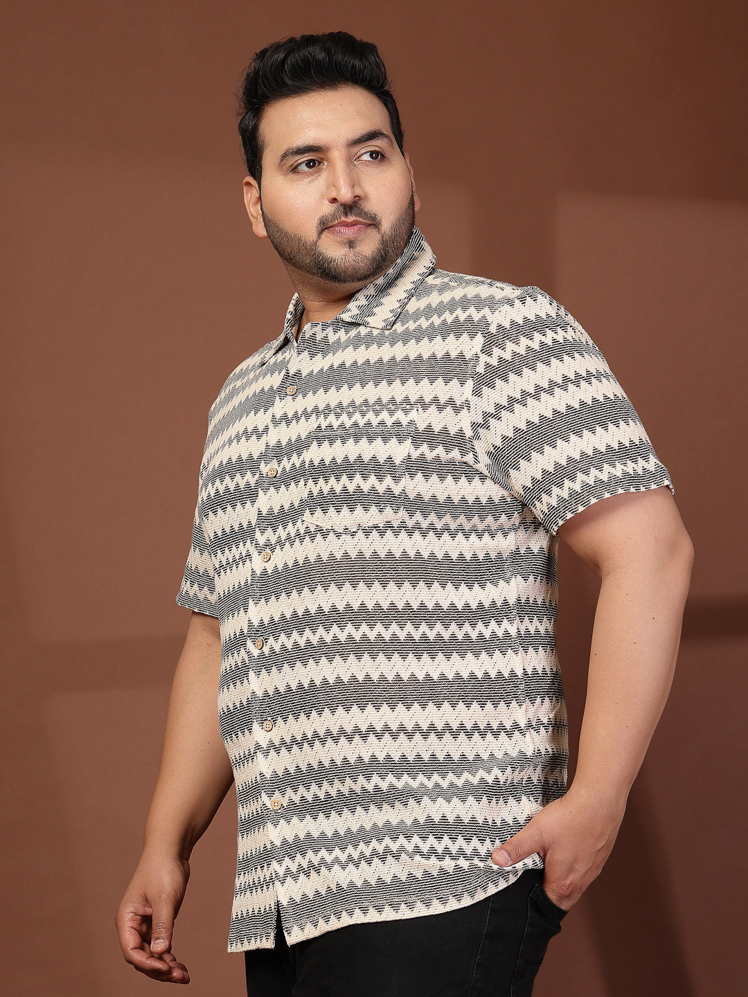 Plus Size Cuban Collar Crochet Resist Shirt