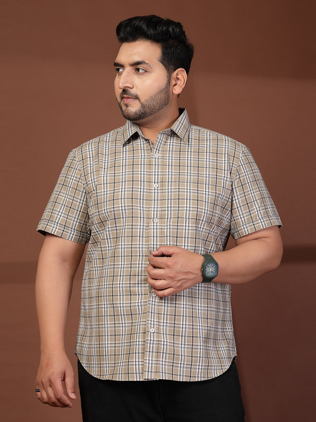 Plus Size Men Opaque Checked Casual Shirt