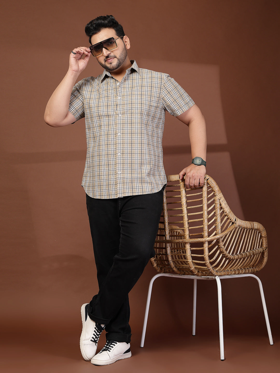 Plus Size Men Opaque Checked Casual Shirt