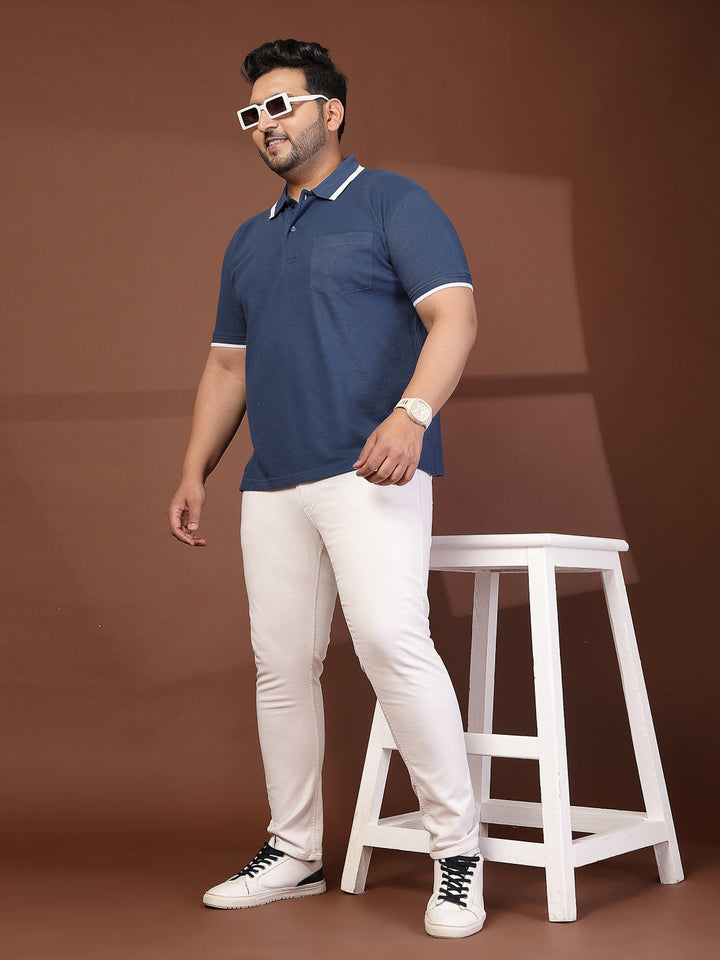Plus Size Men  Navy Blue & White Polo Collar Cotton T-shirt