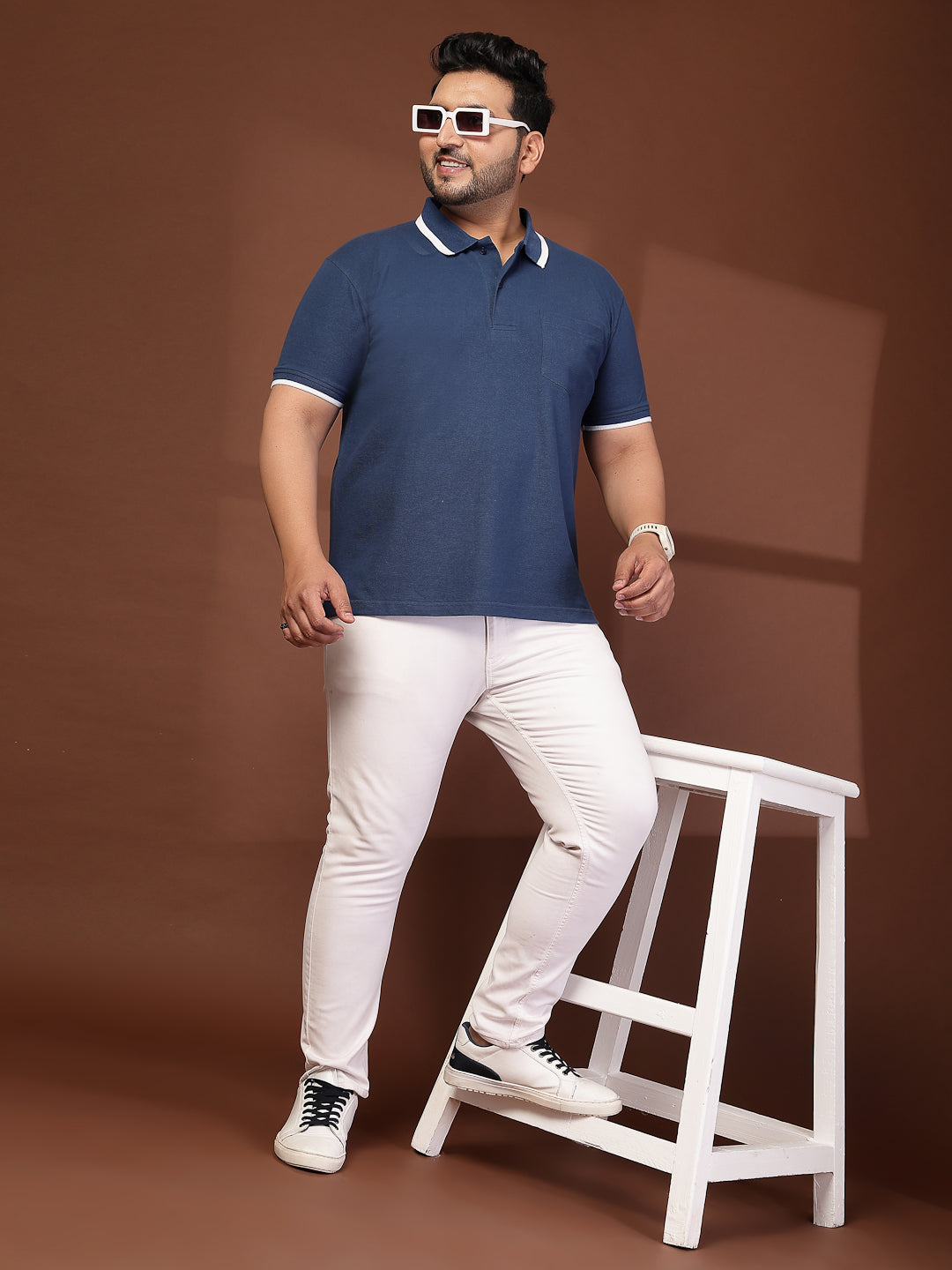 Plus Size Men  Navy Blue & White Polo Collar Cotton T-shirt