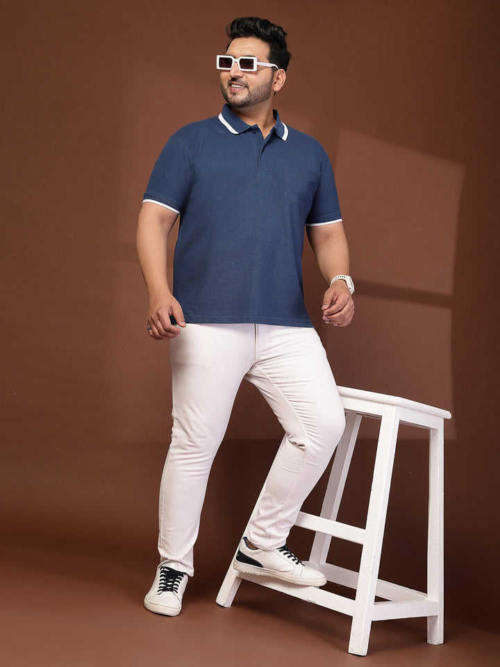 Plus Size Men  Navy Blue & White Polo Collar Cotton T-shirt