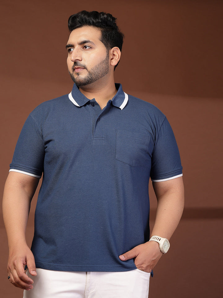 Plus Size Men  Navy Blue & White Polo Collar Cotton T-shirt