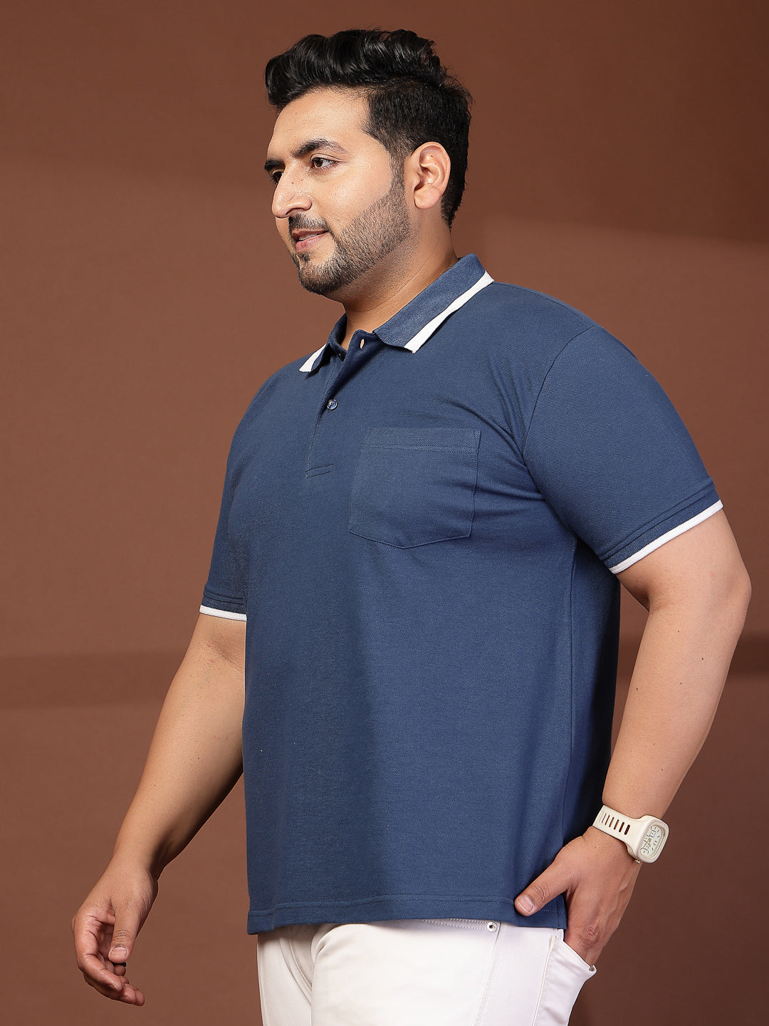 Plus Size Men  Navy Blue & White Polo Collar Cotton T-shirt