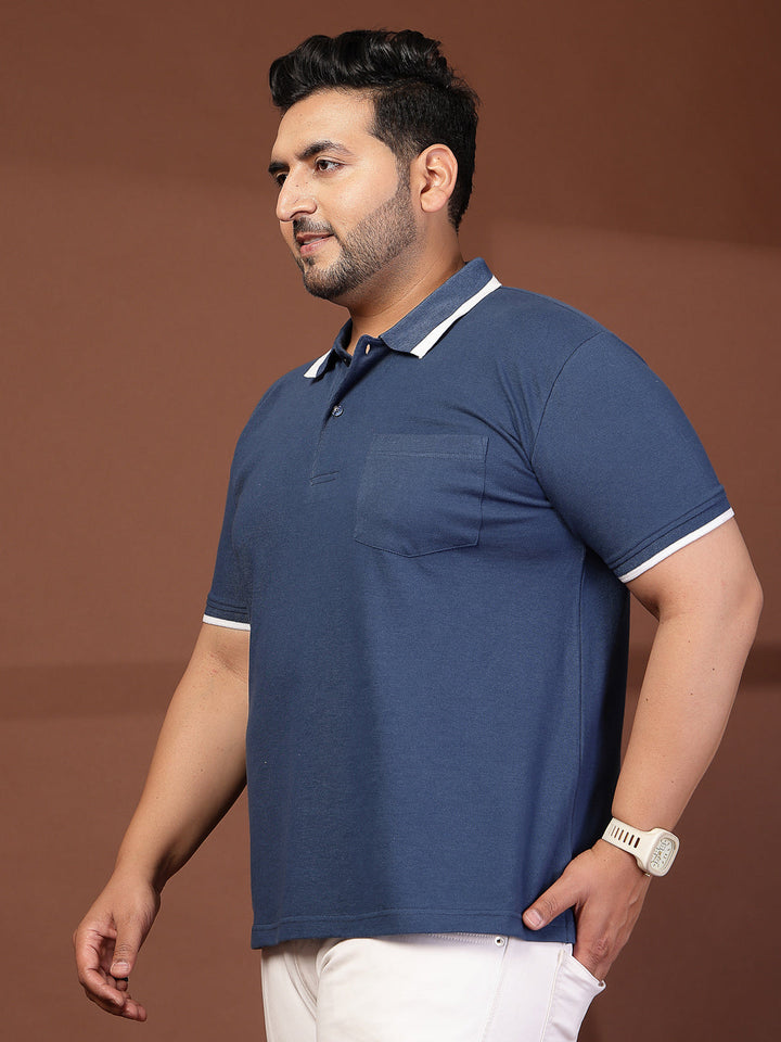 Plus Size Men  Navy Blue & White Polo Collar Cotton T-shirt