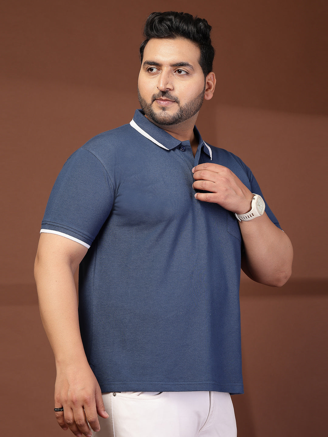 Plus Size Men  Navy Blue & White Polo Collar Cotton T-shirt