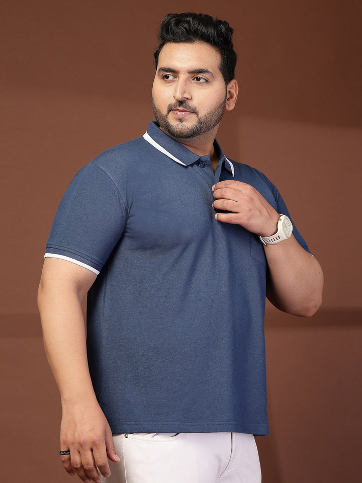 Plus Size Men  Navy Blue & White Polo Collar Cotton T-shirt