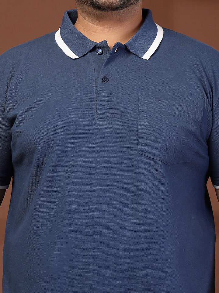 Plus Size Men  Navy Blue & White Polo Collar Cotton T-shirt