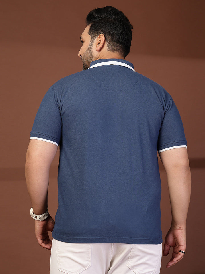 Plus Size Men  Navy Blue & White Polo Collar Cotton T-shirt