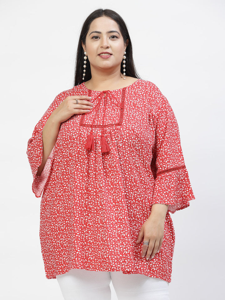 Plus Size Floral Print Tie-Up Neck Bell Sleeve Top