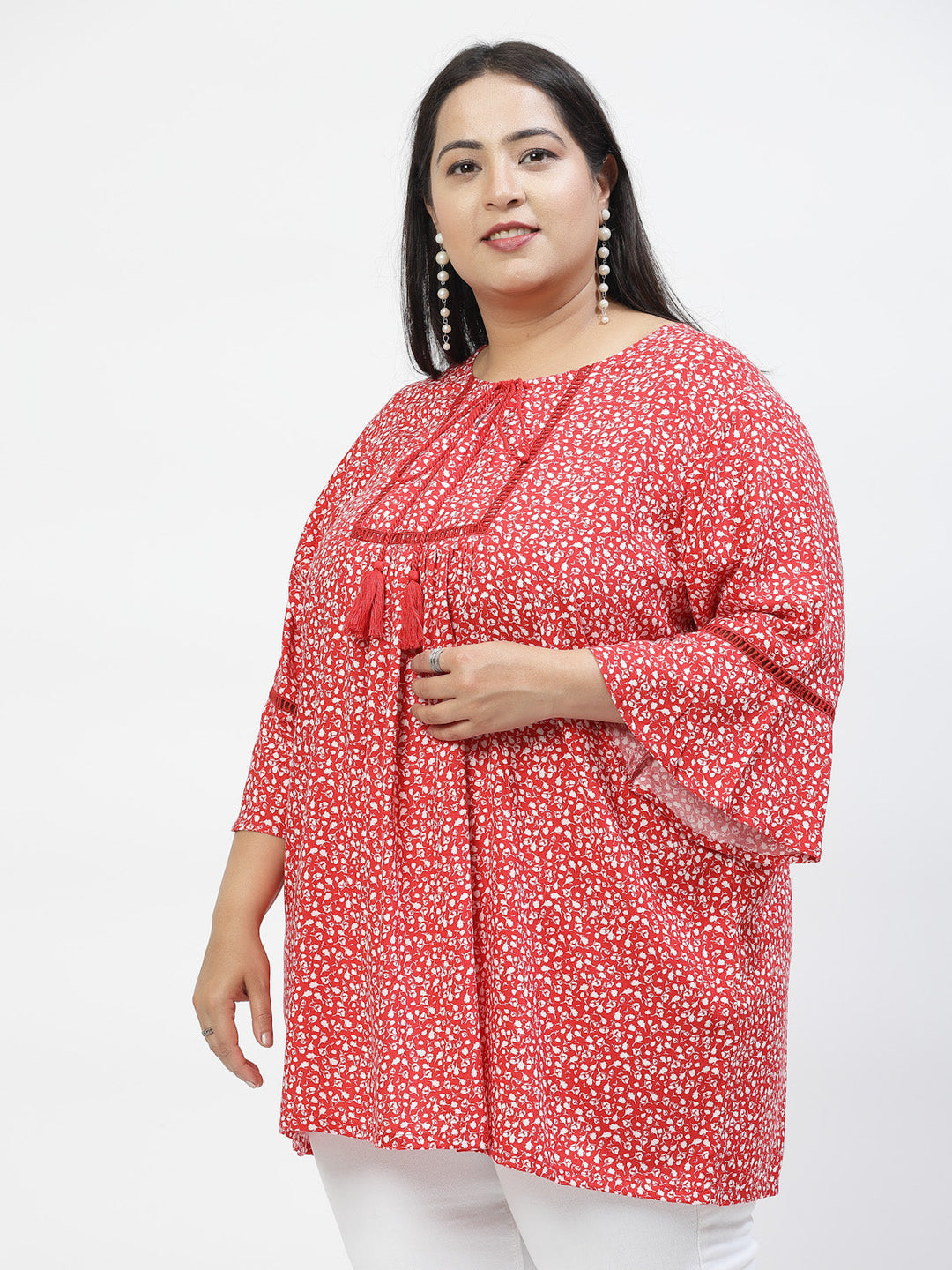 Plus Size Floral Print Tie-Up Neck Bell Sleeve Top