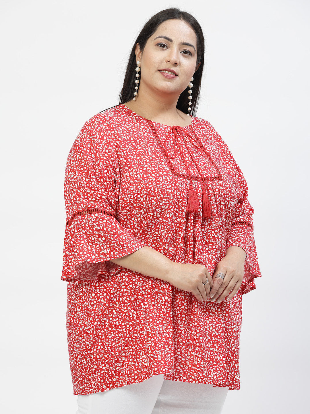 Plus Size Floral Print Tie-Up Neck Bell Sleeve Top