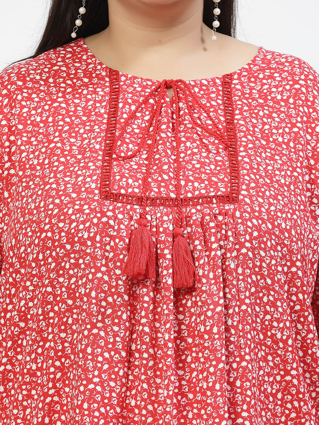 Plus Size Floral Print Tie-Up Neck Bell Sleeve Top