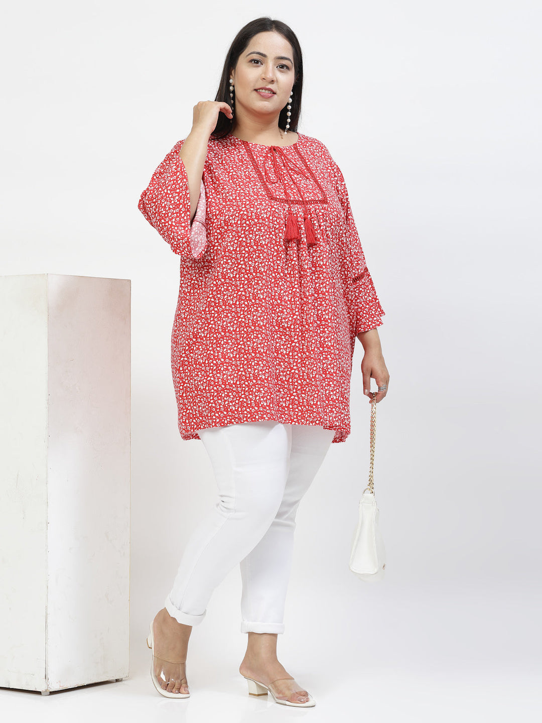 Plus Size Floral Print Tie-Up Neck Bell Sleeve Top