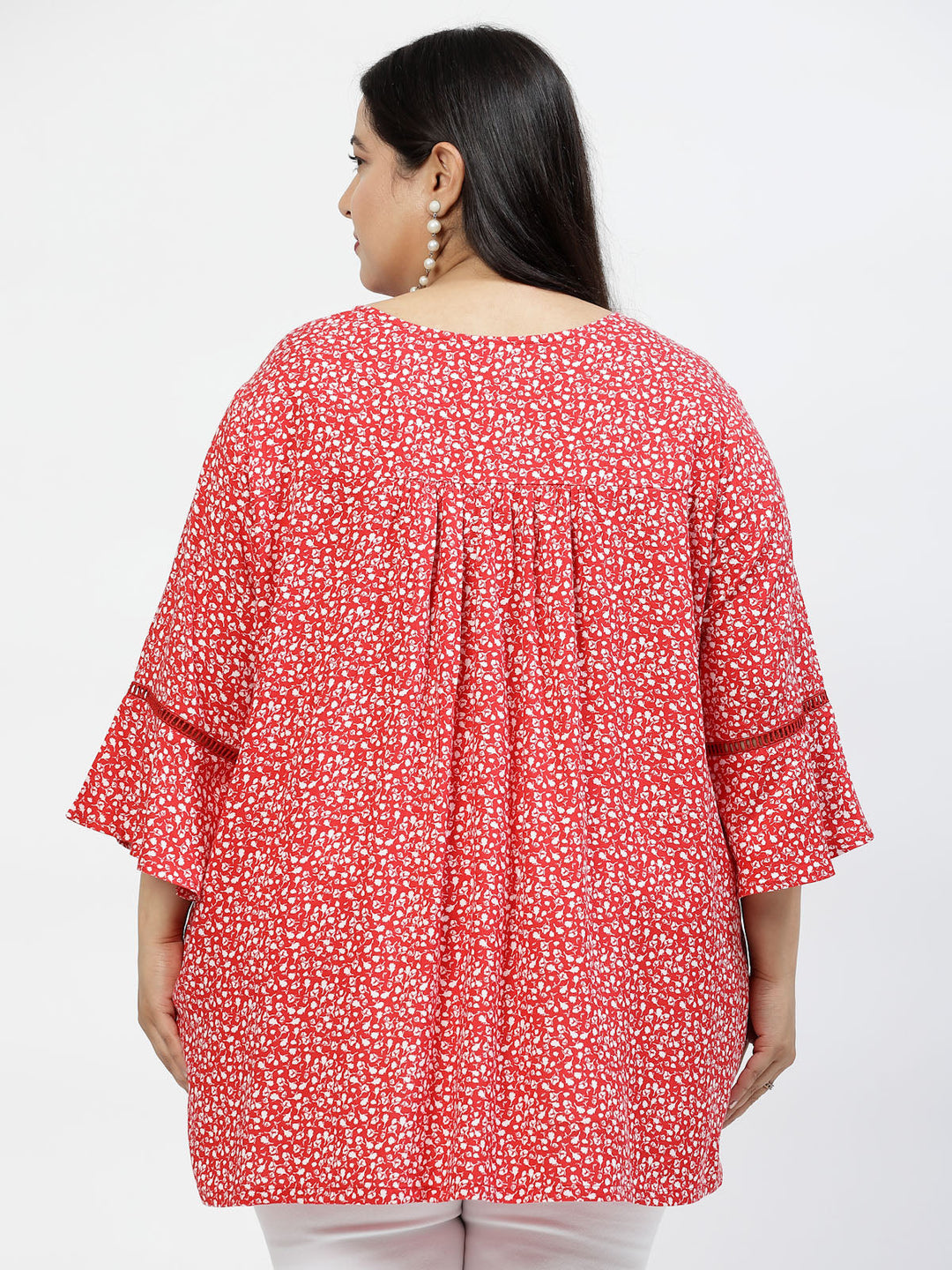 Plus Size Floral Print Tie-Up Neck Bell Sleeve Top